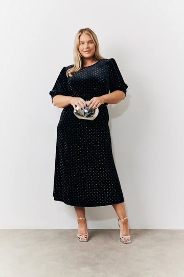 Black Puff Sleeve Studded Velour Midi Dress
